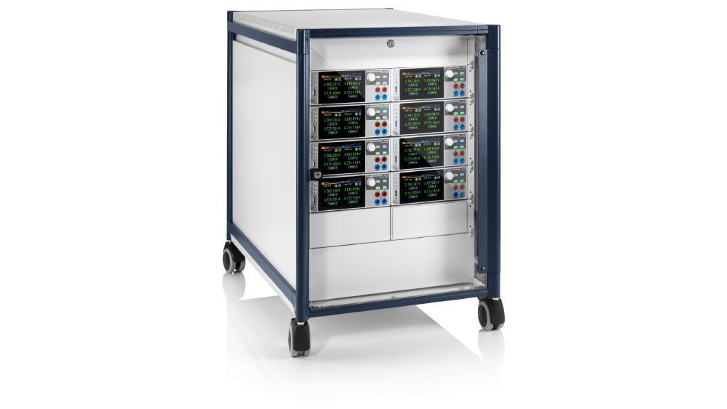 包含八个 r&s®ngm202 双通道电源的装置，至多可模拟 48 v 系统中使用的十六个电池单元